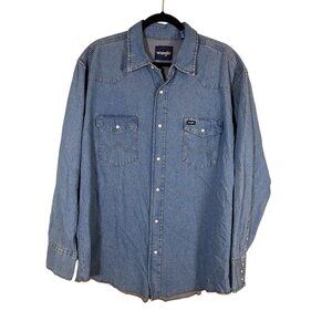 Wrangler Denim Shirt 2XL Blue Pearl Snap Western Cowgirl Rodeo Fringe Boho 80s